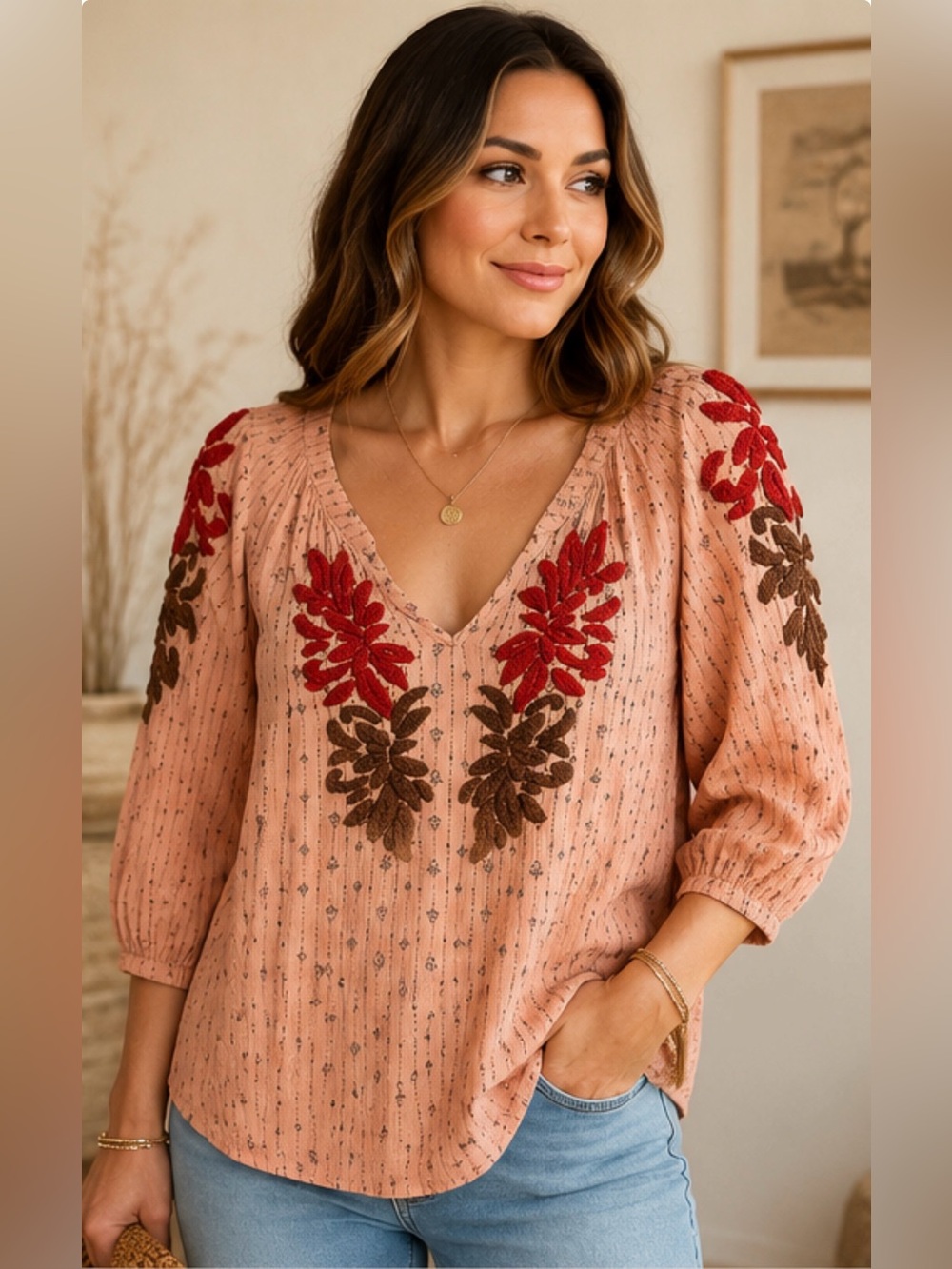 Kut‎ From The Kloth Women’s Large Boho Embroidered Peasant Blouse Peach 3/4